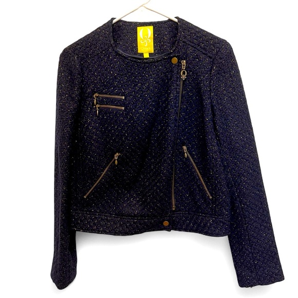 QMack Metallic Tweed Navy Blue Moto Jacket with Working Pockets Size Medium - Picture 2 of 16